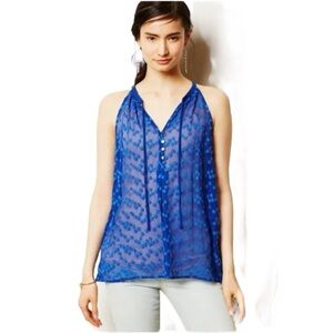 ZOA Anthropologie Elegant Blue Sheer Silk Dotted Button Detail sleeveless blouse